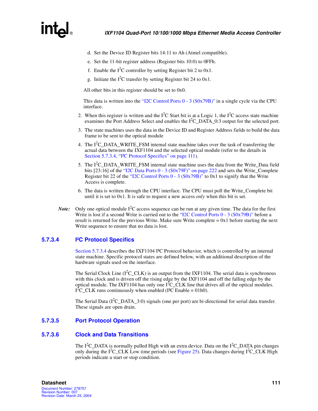 Intel IXF1104 manual 3.4 I²C Protocol Specifics, Port Protocol Operation Clock and Data Transitions 