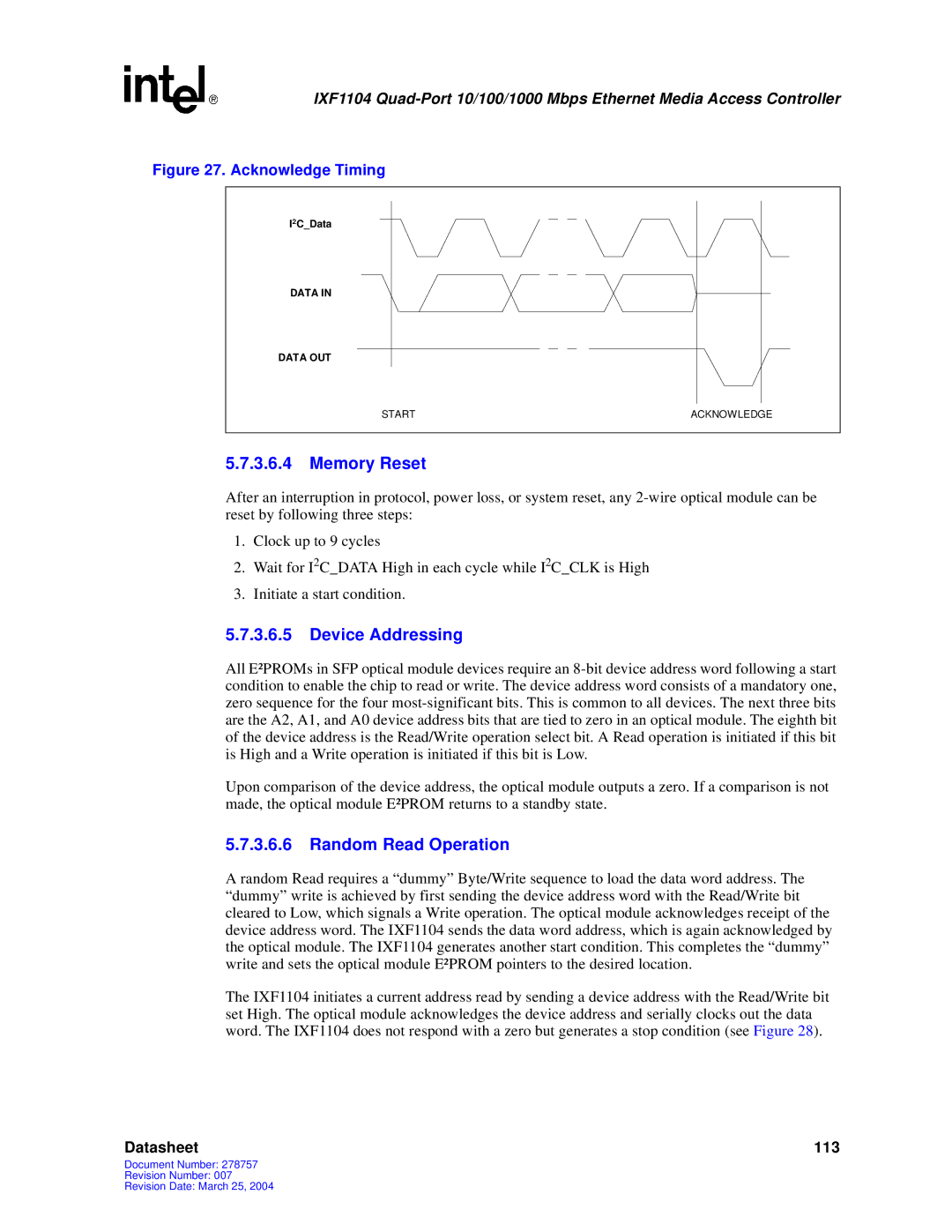 Intel IXF1104 manual Memory Reset, Device Addressing, Random Read Operation 