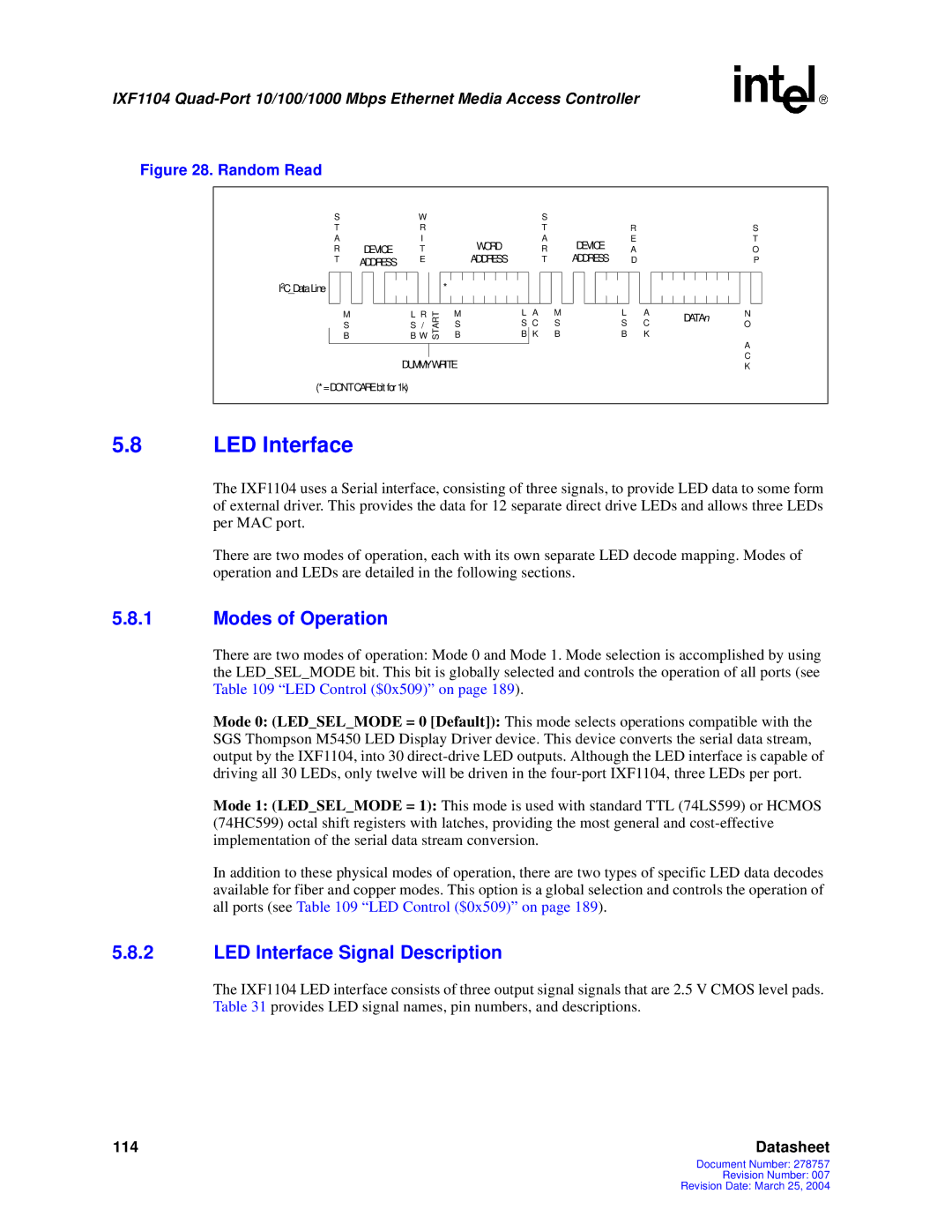 Intel IXF1104 manual Modes of Operation, LED Interface Signal Description 