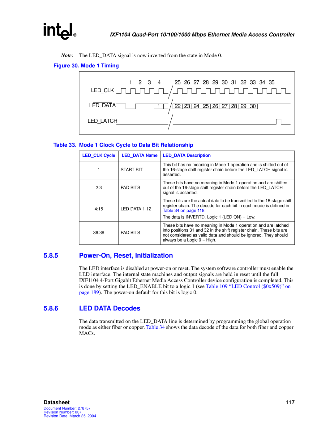 Intel IXF1104 manual Power-On, Reset, Initialization, LED Data Decodes, Mode 1 Clock Cycle to Data Bit Relationship 