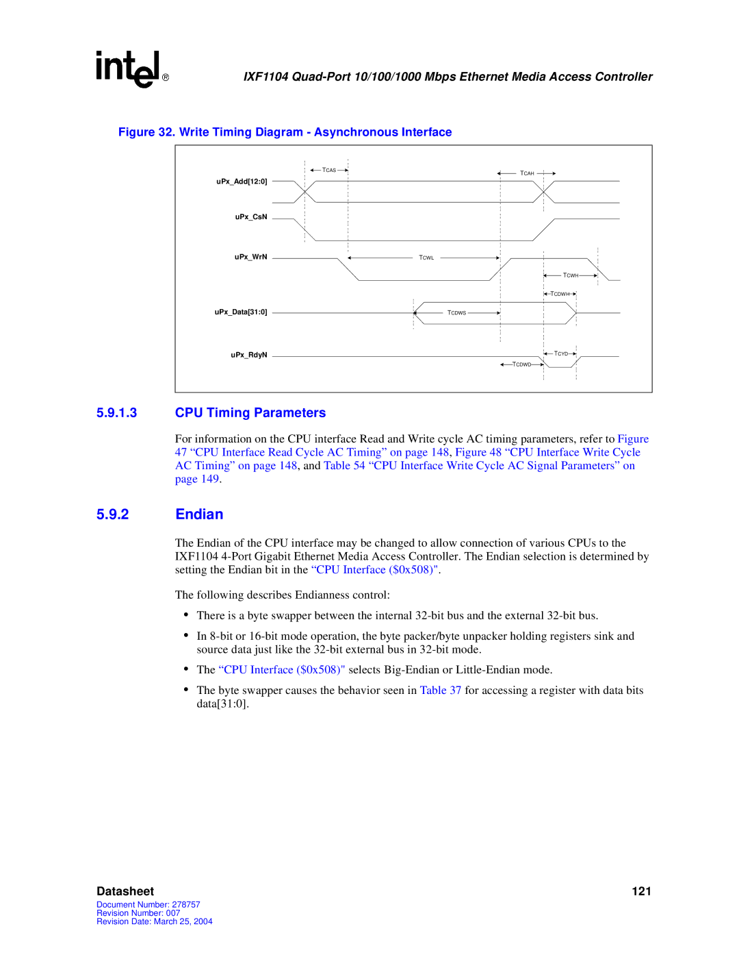 Intel IXF1104 manual Endian, CPU Timing Parameters 