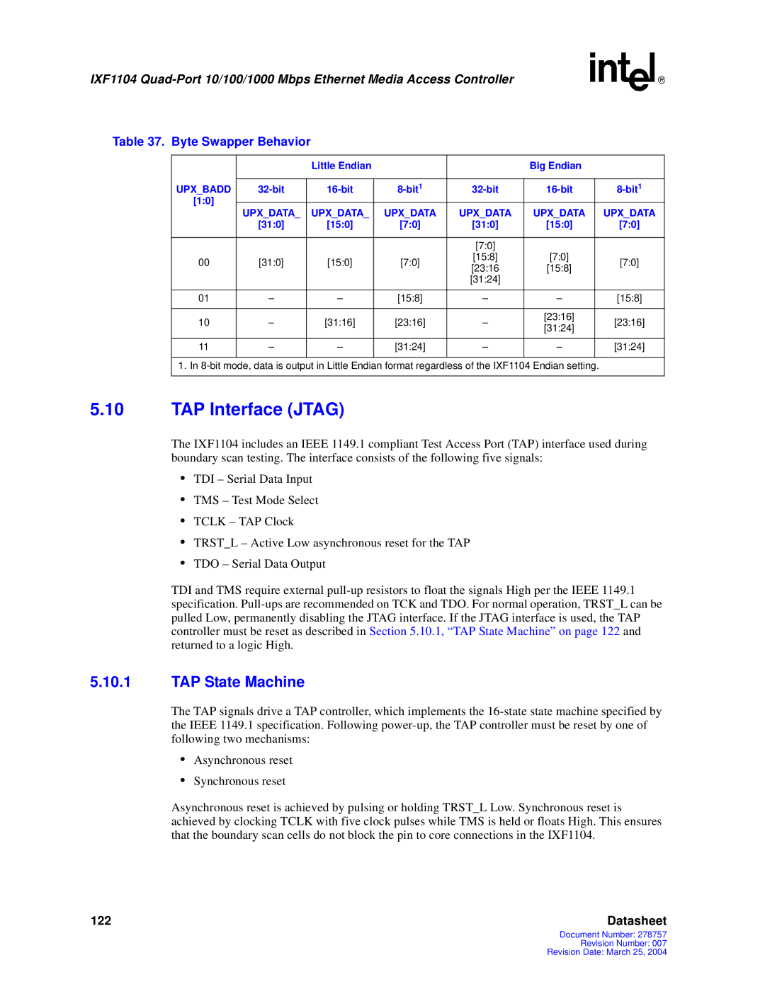 Intel IXF1104 manual TAP Interface Jtag, TAP State Machine, Byte Swapper Behavior, Little Endian Big Endian, 310 