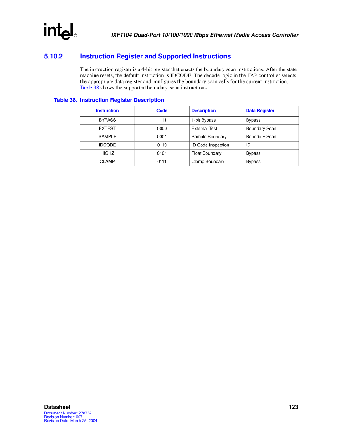 Intel IXF1104 manual Instruction Register and Supported Instructions, Instruction Register Description 