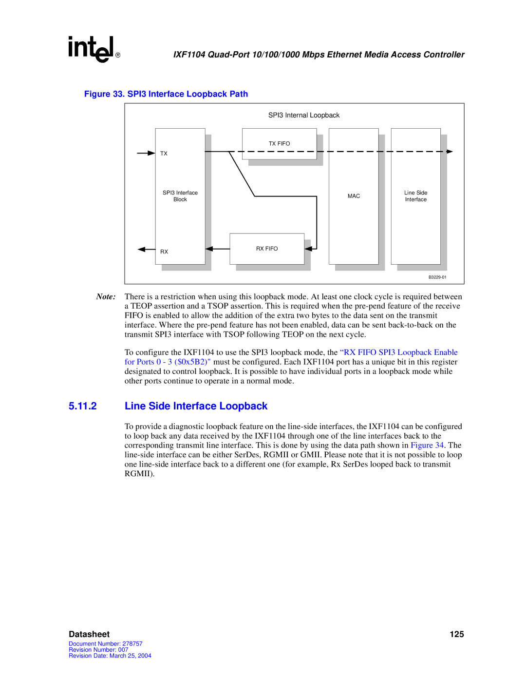 Intel IXF1104 manual Line Side Interface Loopback, SPI3 Interface Loopback Path 