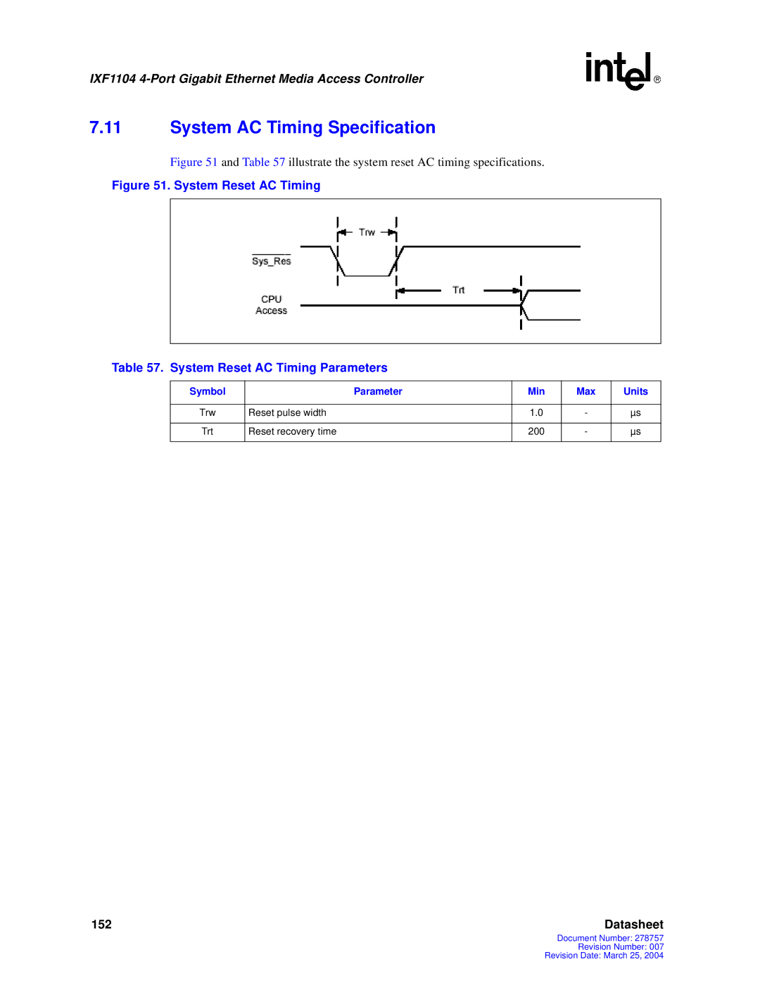 Intel IXF1104 manual System AC Timing Specification, System Reset AC Timing System Reset AC Timing Parameters 