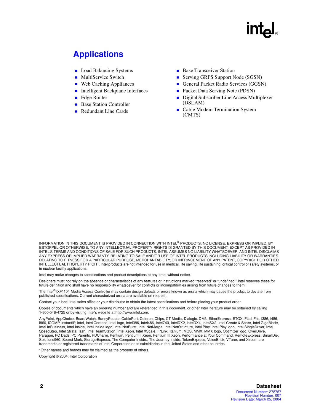 Intel IXF1104 manual Applications 