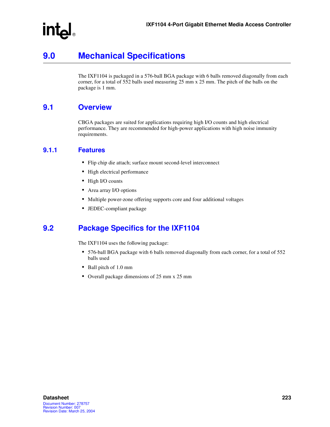 Intel manual Overview, Package Specifics for the IXF1104 