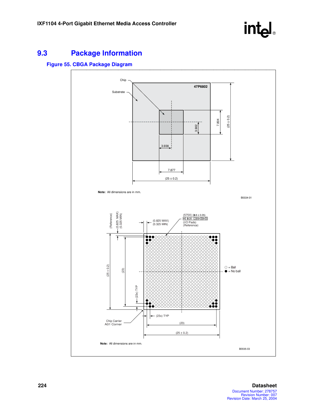 Intel IXF1104 manual Package Information, Cbga Package Diagram 