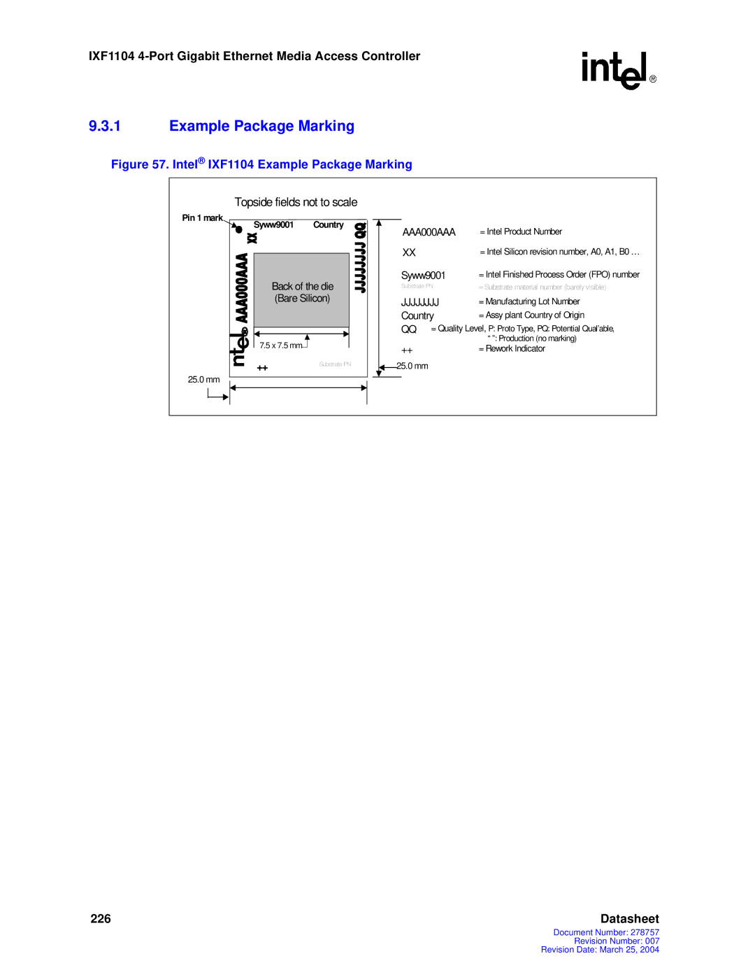 Intel manual Intel IXF1104 Example Package Marking 