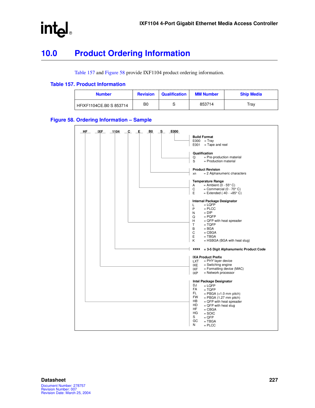 Intel IXF1104 manual Product Information, Ordering Information Sample 