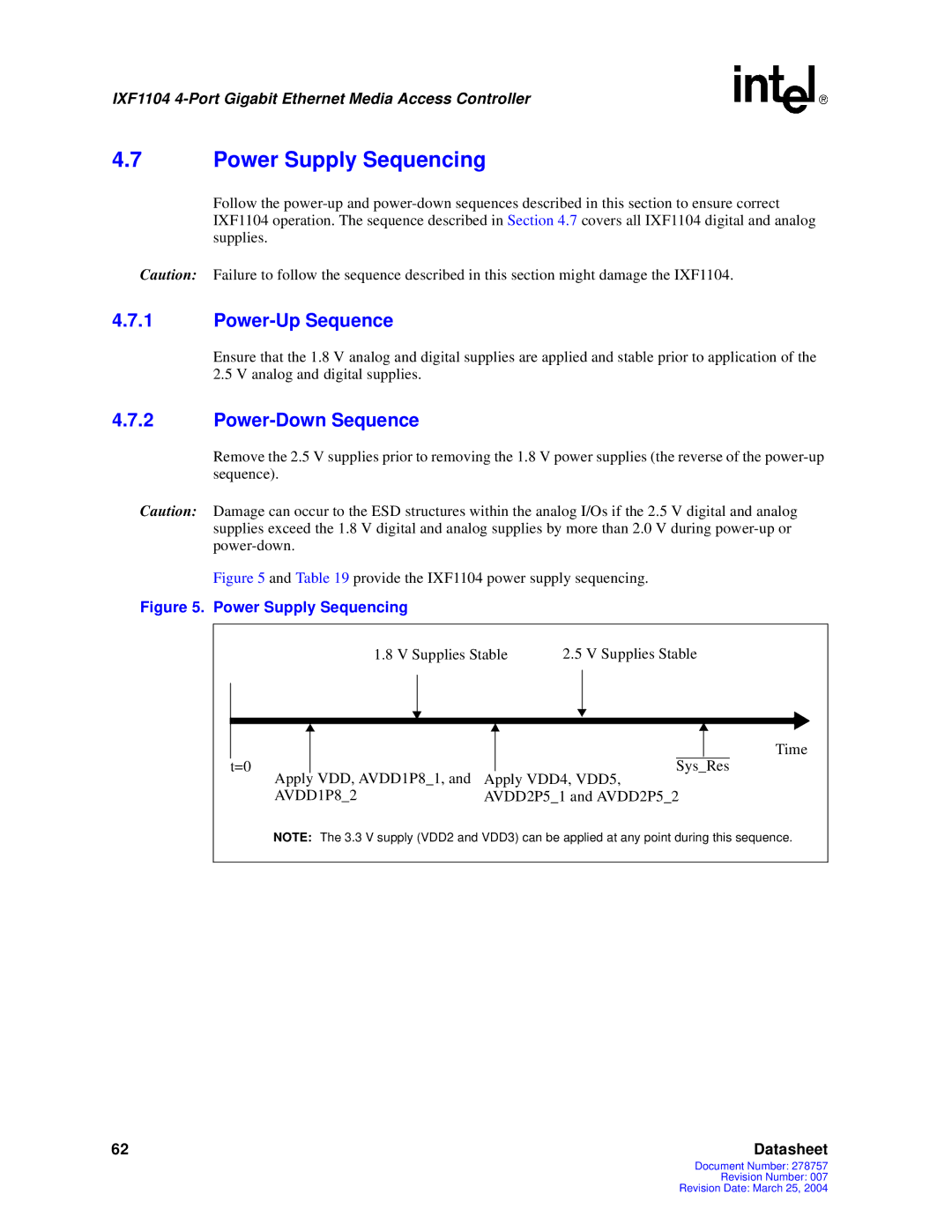 Intel IXF1104 manual Power Supply Sequencing, Power-Up Sequence, Power-Down Sequence 