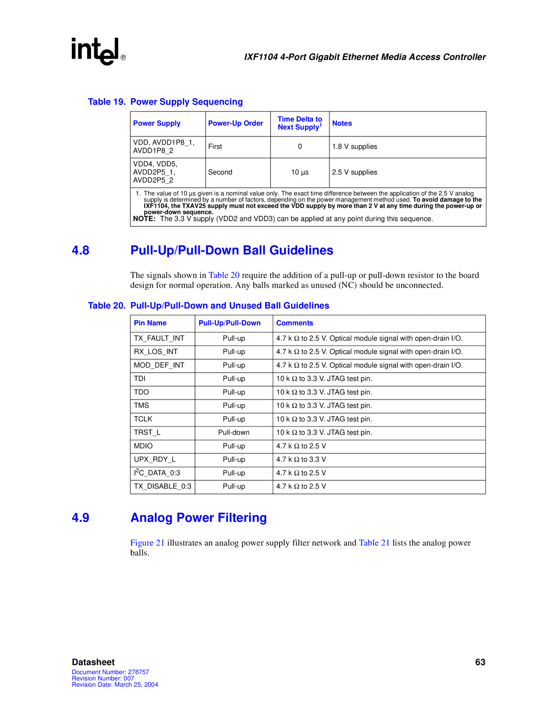 Intel IXF1104 Pull-Up/Pull-Down Ball Guidelines, Analog Power Filtering, Pull-Up/Pull-Down and Unused Ball Guidelines 