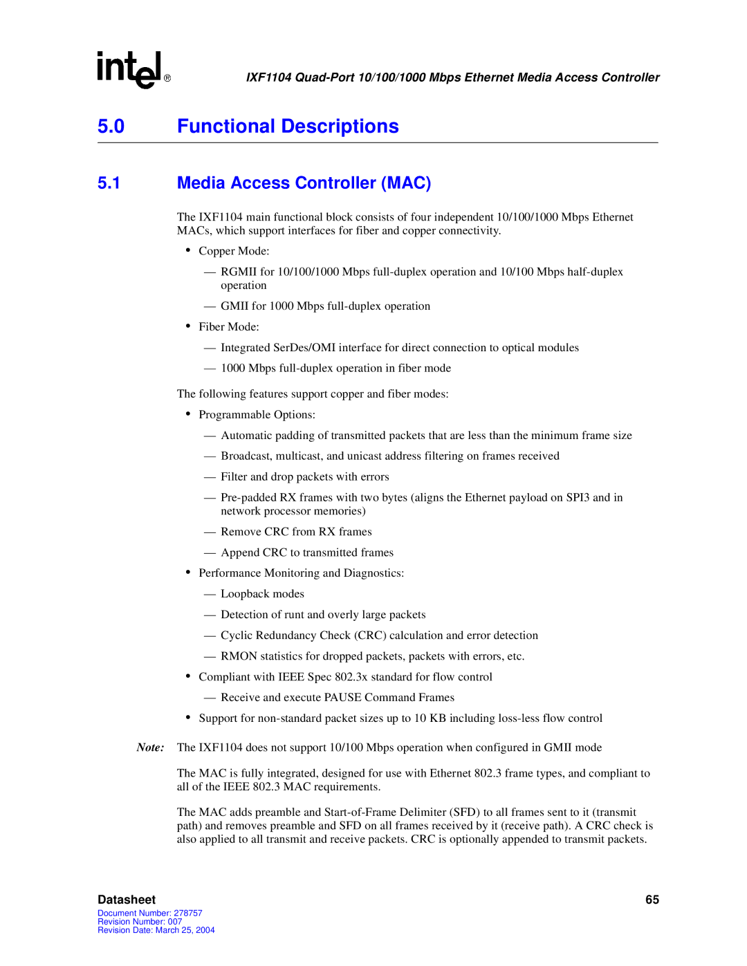 Intel IXF1104 manual Functional Descriptions, Media Access Controller MAC 