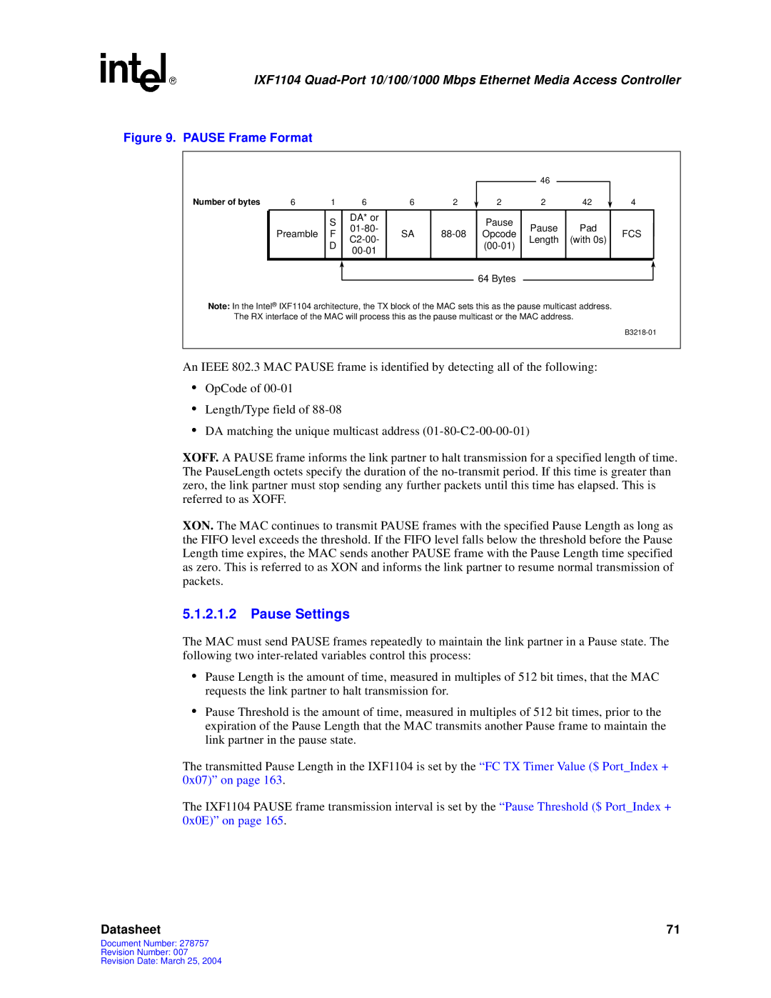 Intel IXF1104 manual Pause Settings, Pause Frame Format 