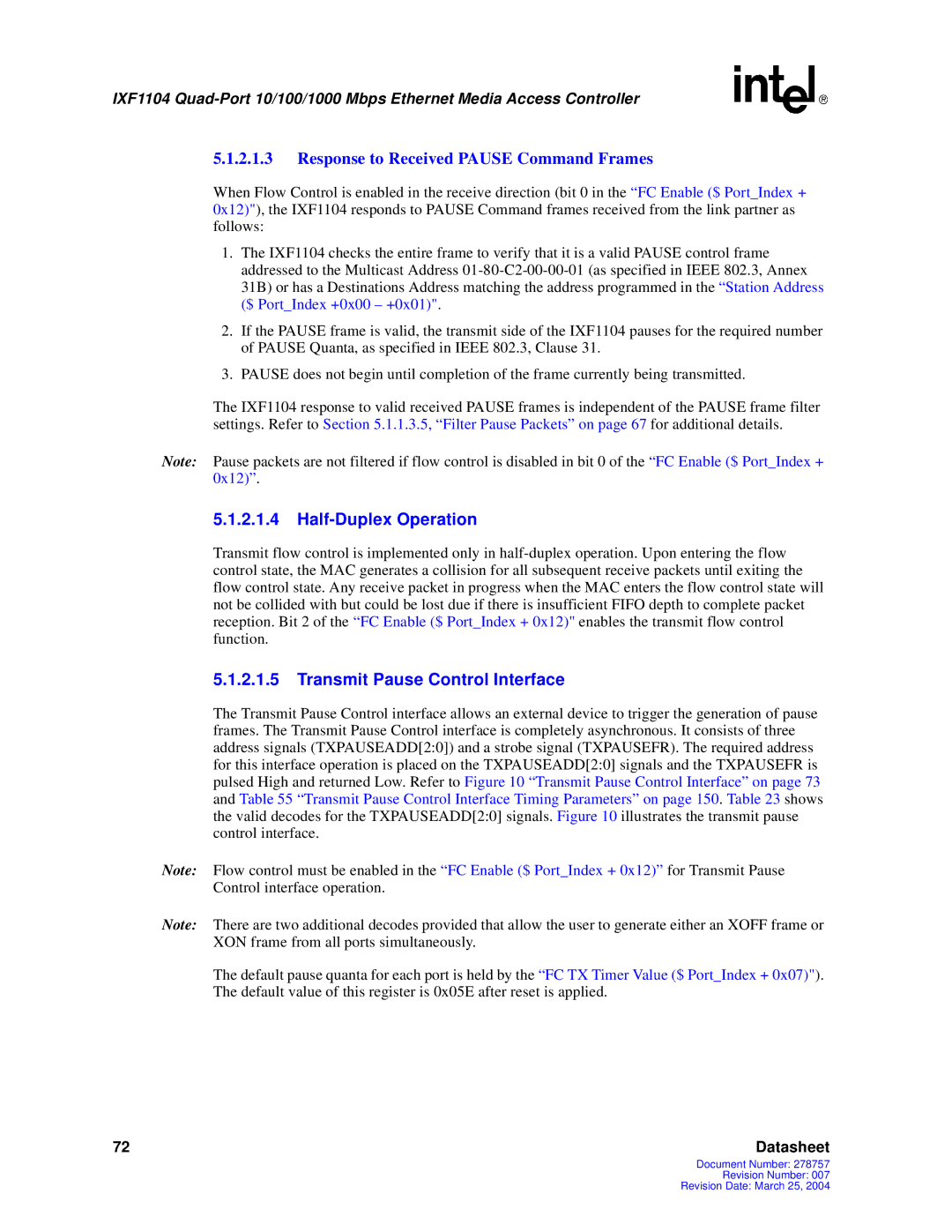 Intel IXF1104 manual Half-Duplex Operation, Transmit Pause Control Interface 