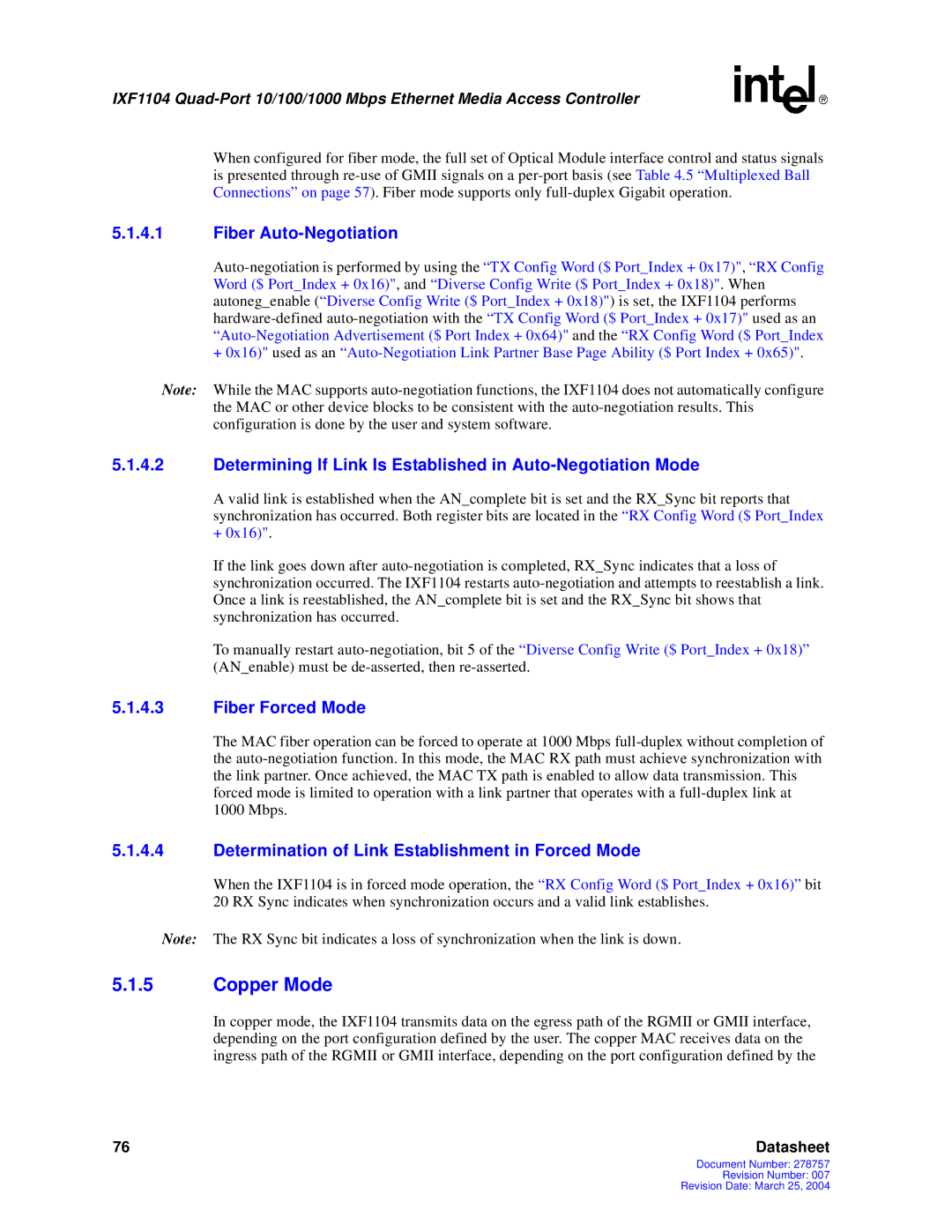 Intel IXF1104 manual Copper Mode, Fiber Auto-Negotiation, Determining If Link Is Established in Auto-Negotiation Mode 