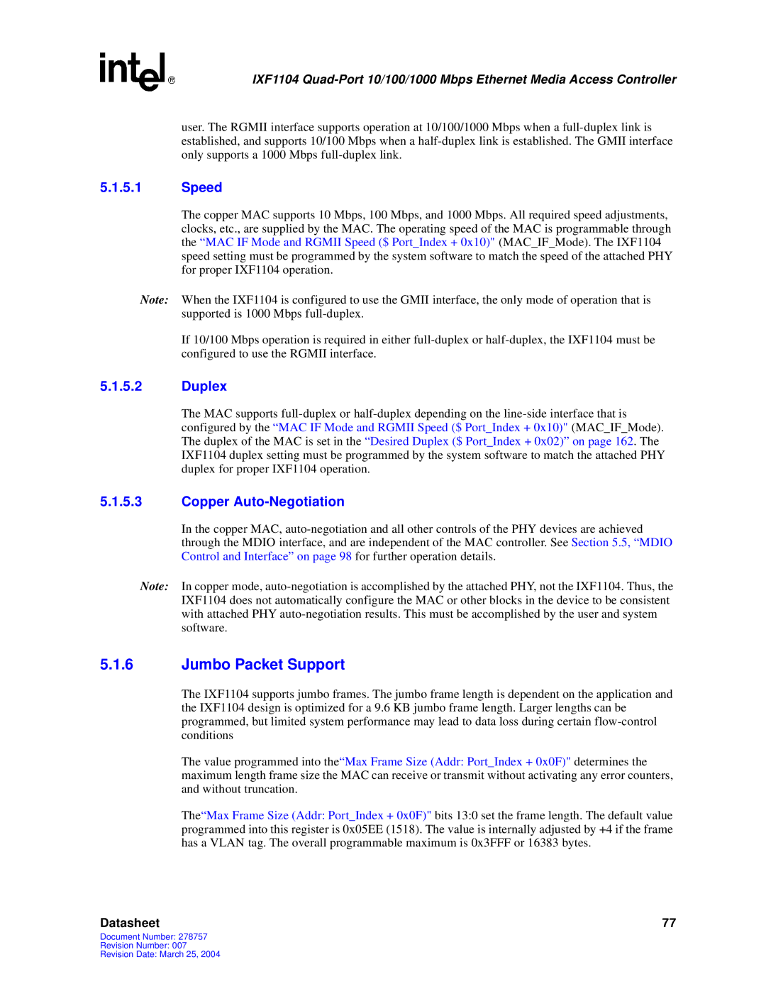 Intel IXF1104 manual Jumbo Packet Support, Speed, Duplex, Copper Auto-Negotiation 