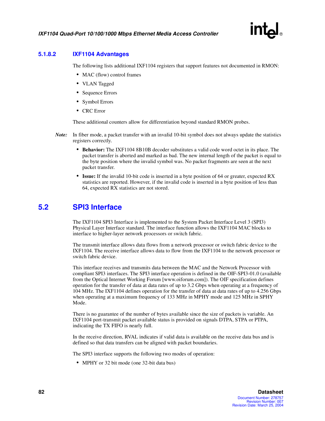 Intel manual SPI3 Interface, 8.2 IXF1104 Advantages 