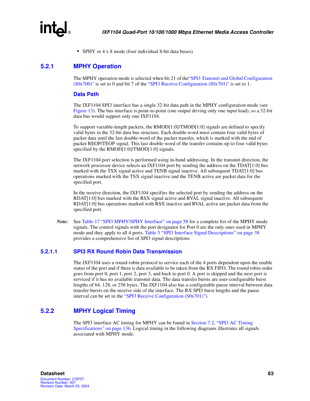 Intel IXF1104 manual Mphy Operation, Mphy Logical Timing, Data Path, 1.1 SPI3 RX Round Robin Data Transmission 