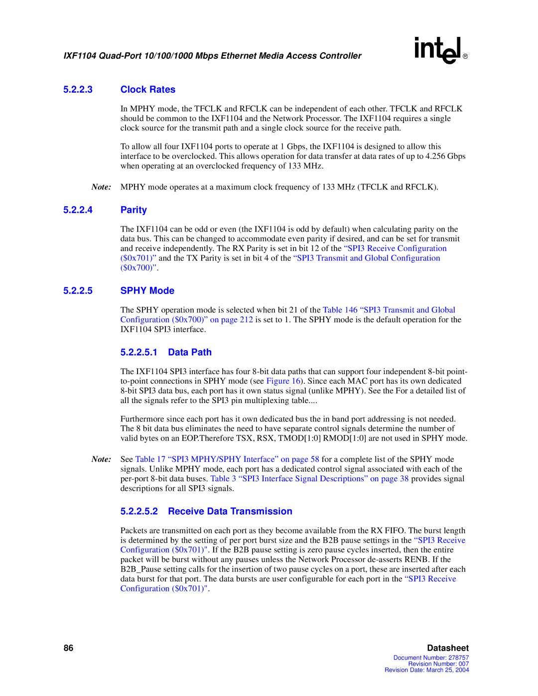 Intel IXF1104 manual Clock Rates, Parity, Sphy Mode, Receive Data Transmission 