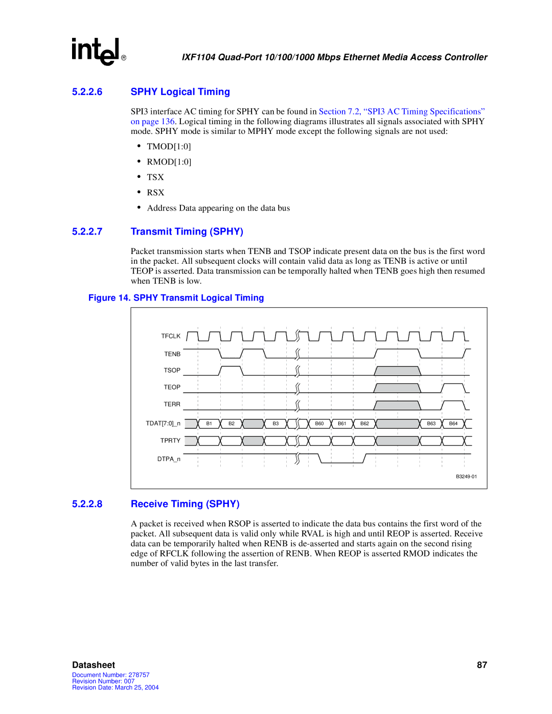 Intel IXF1104 manual Sphy Logical Timing, Transmit Timing Sphy, Receive Timing Sphy 