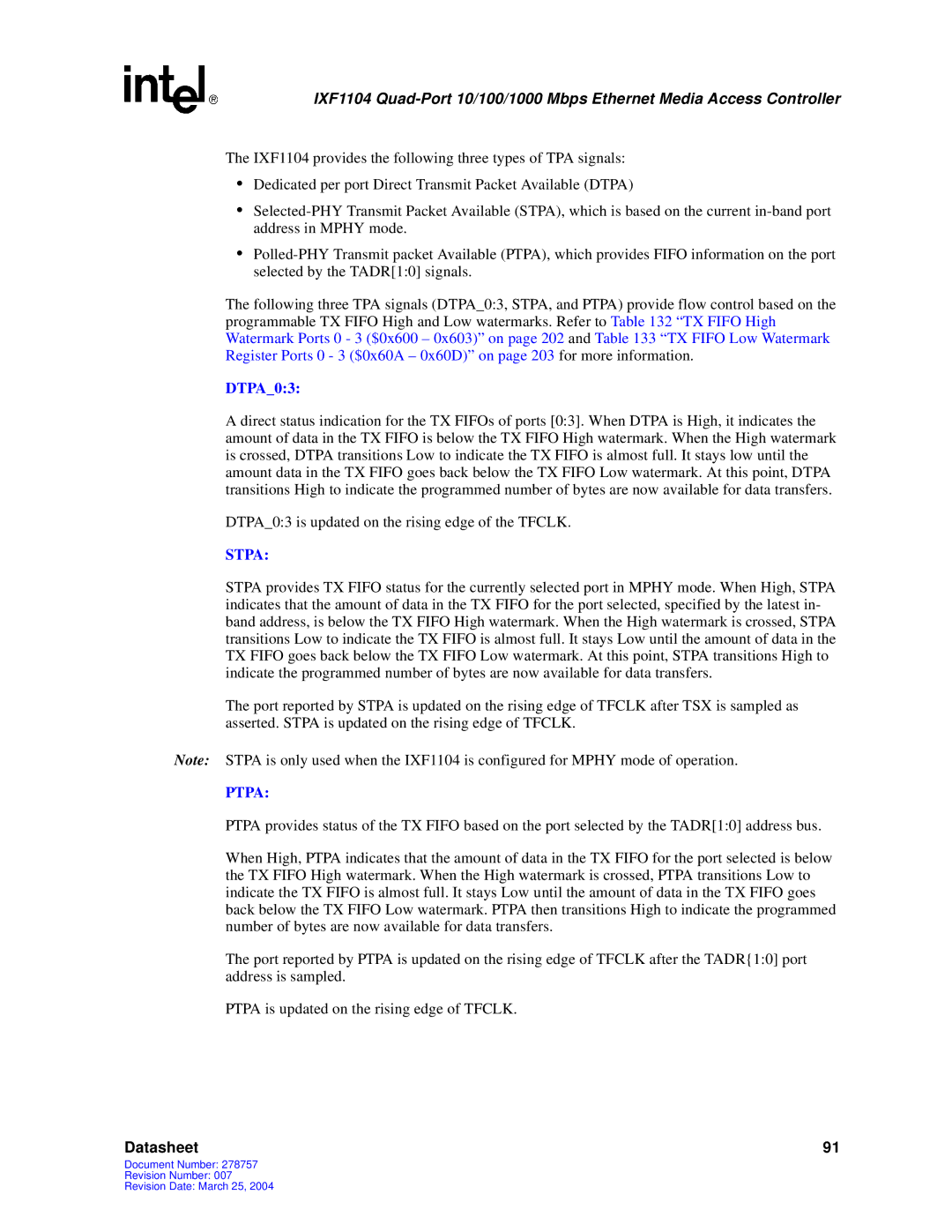 Intel IXF1104 manual Stpa 