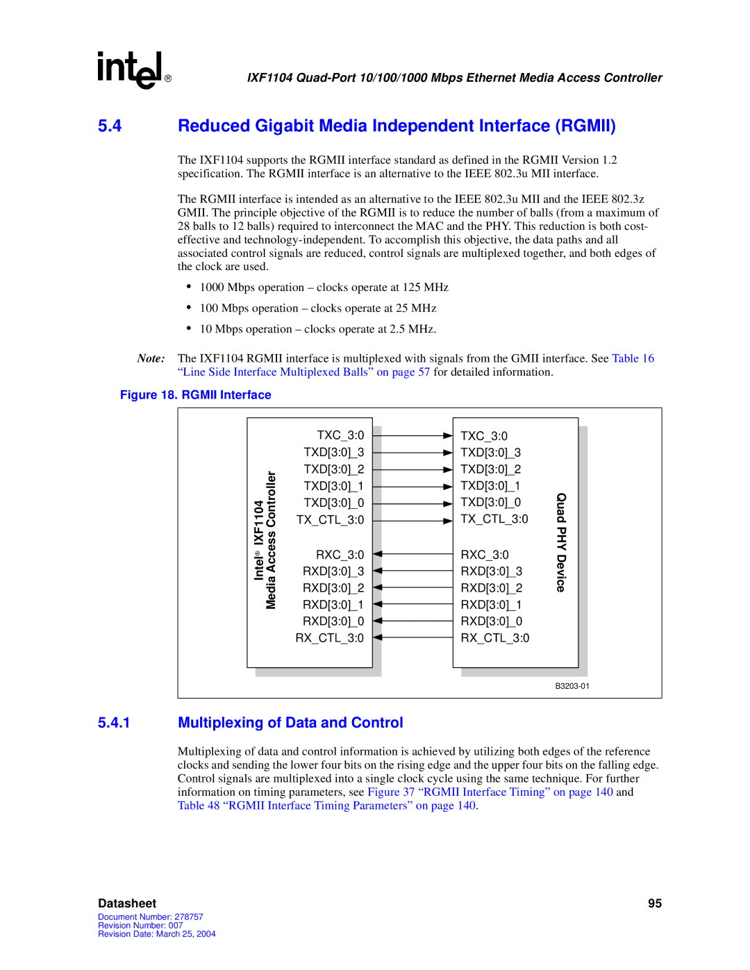 Intel IXF1104 manual Reduced Gigabit Media Independent Interface Rgmii, Multiplexing of Data and Control 