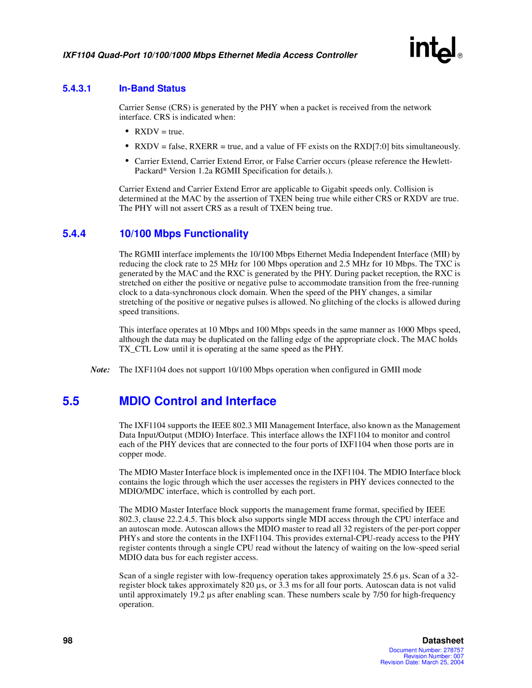 Intel IXF1104 manual Mdio Control and Interface, 4 10/100 Mbps Functionality, In-Band Status 