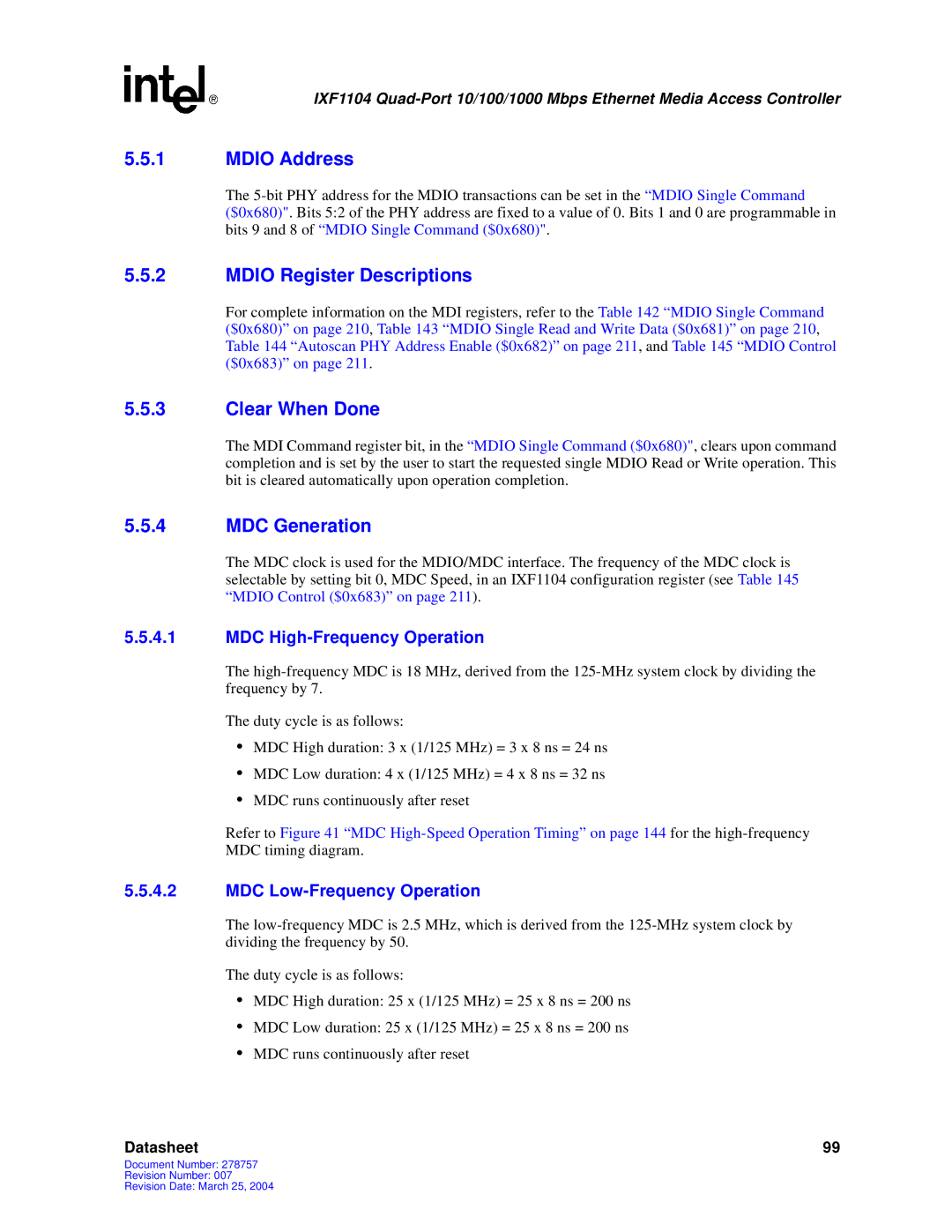 Intel IXF1104 manual Mdio Address, Mdio Register Descriptions, Clear When Done, MDC Generation 