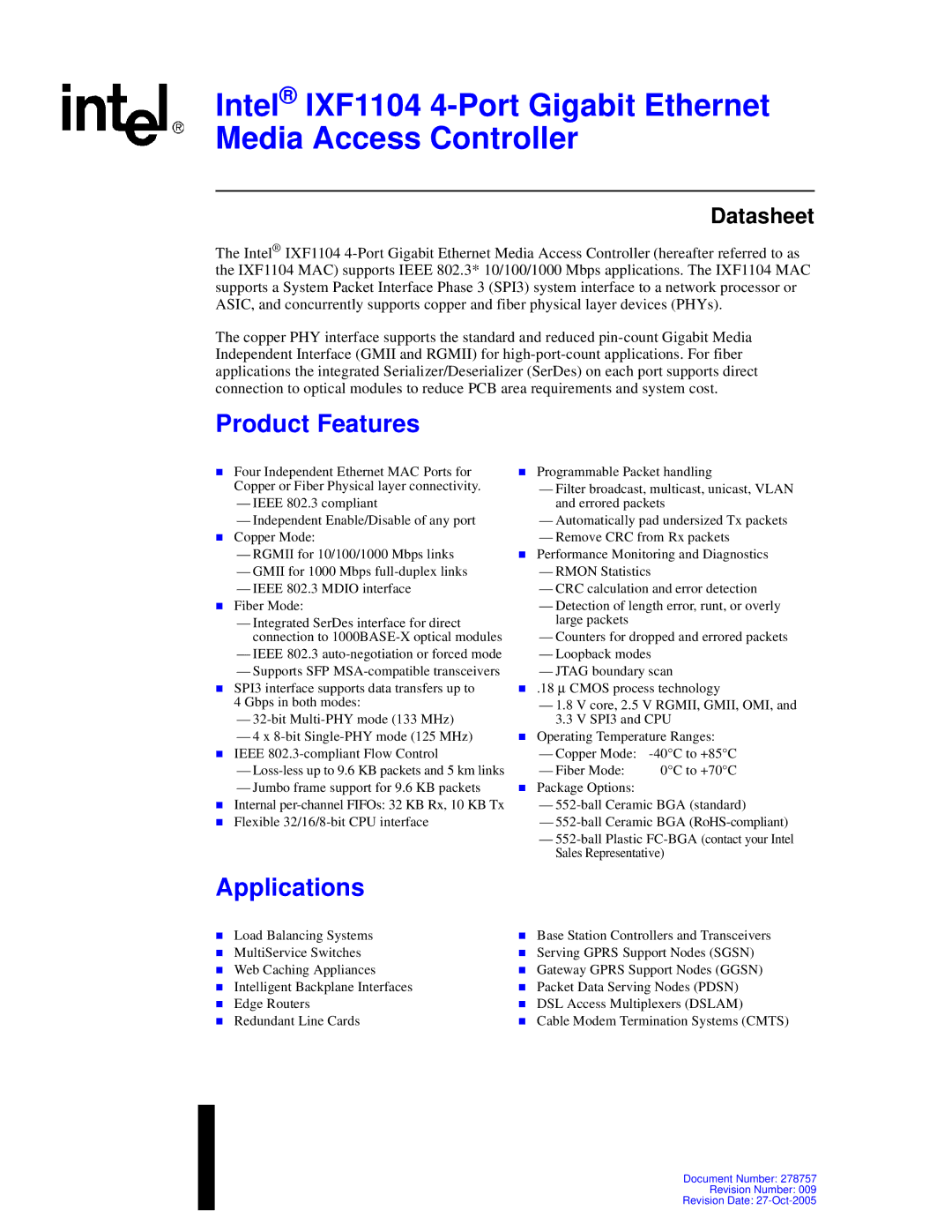 Intel IXF1104 manual Product Features 