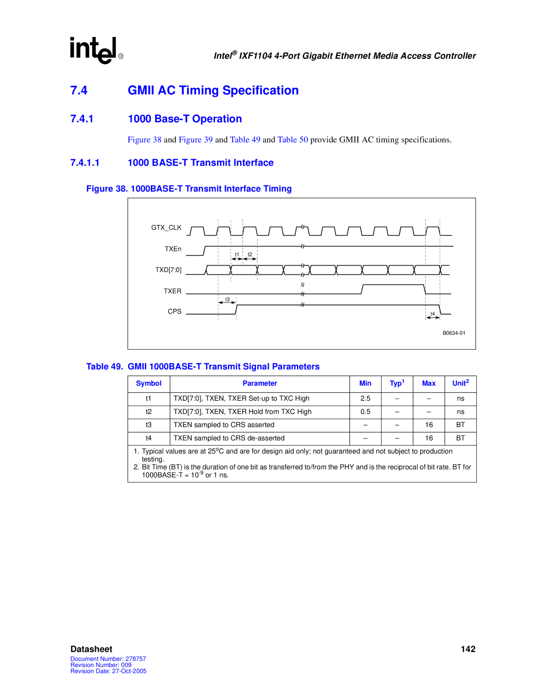 Intel IXF1104 manual Gmii AC Timing Specification, 1 1000 Base-T Operation, 1.1 1000 BASE-T Transmit Interface 