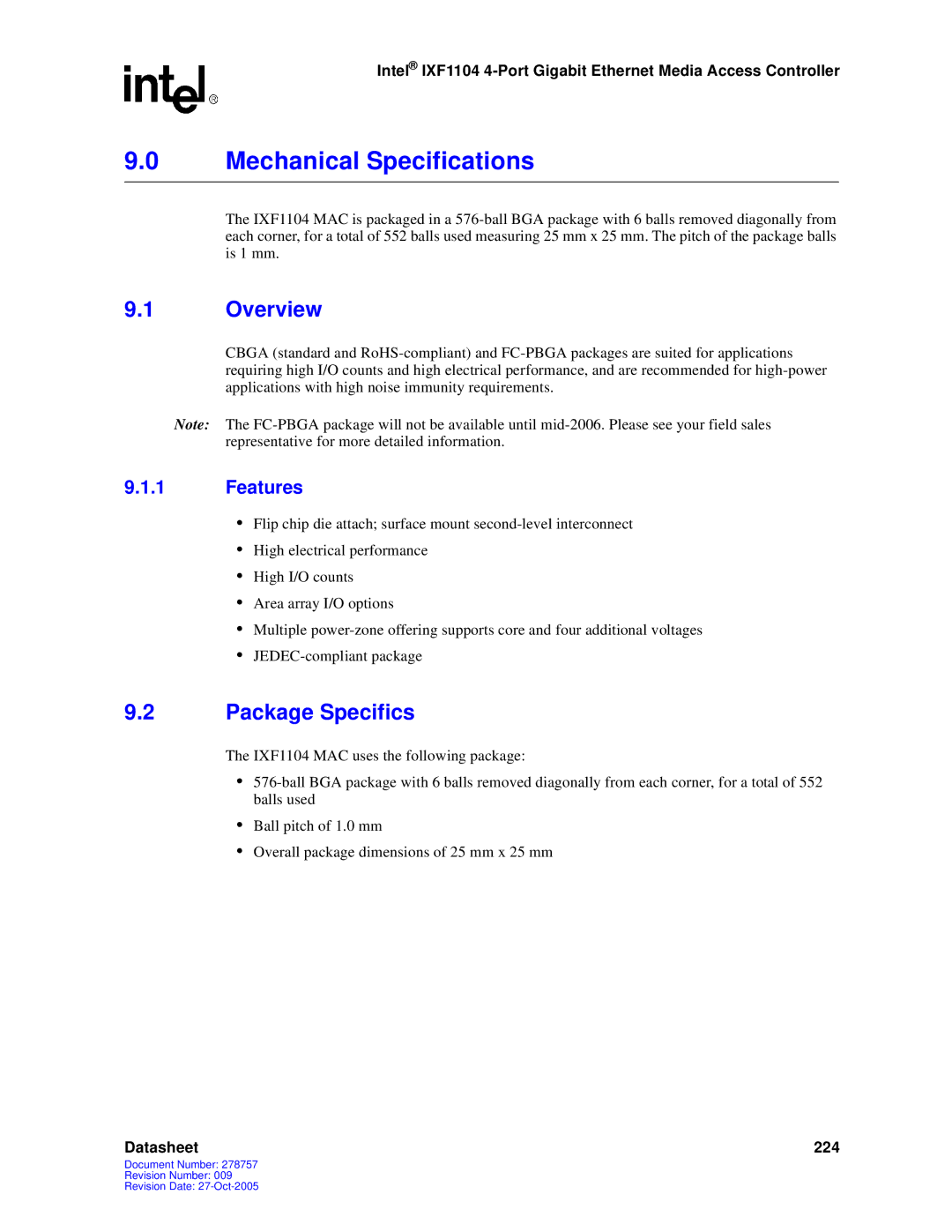 Intel IXF1104 manual Overview, Package Specifics 