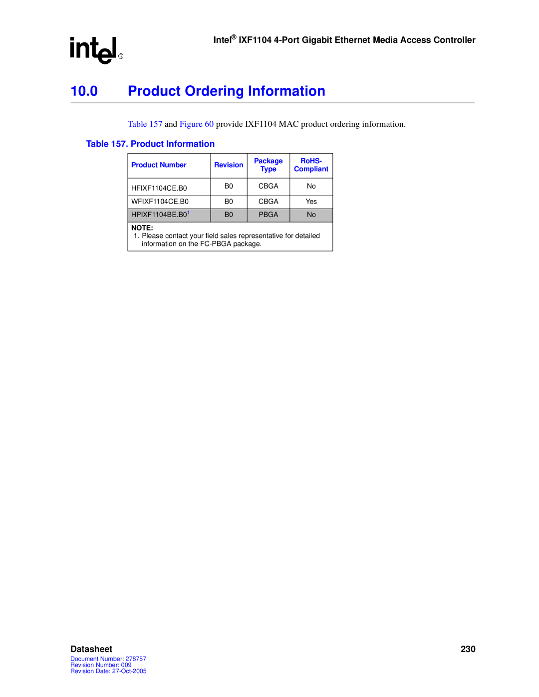 Intel manual Product Information, Product Number Revision Package RoHS, HFIXF1104CE.B0 Cbga WFIXF1104CE.B0, Pbga 