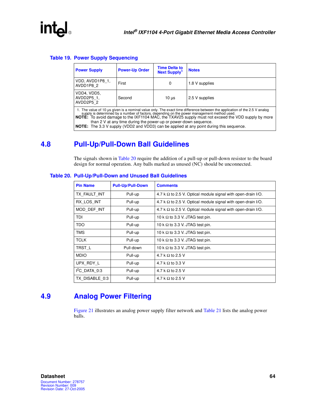 Intel IXF1104 Pull-Up/Pull-Down Ball Guidelines, Analog Power Filtering, Pull-Up/Pull-Down and Unused Ball Guidelines 