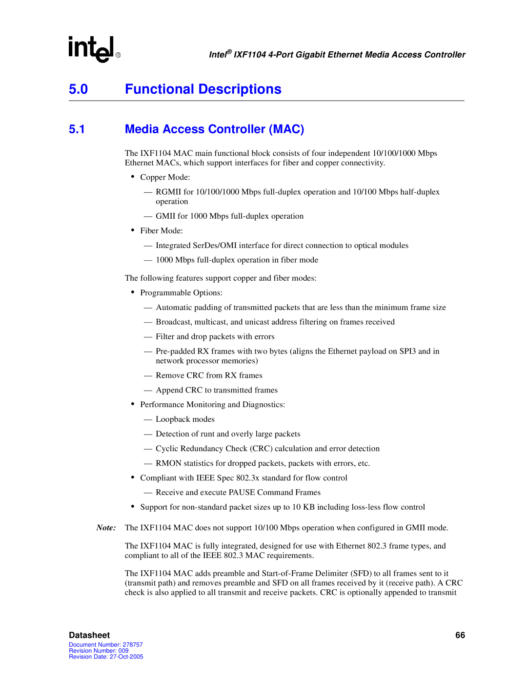 Intel IXF1104 manual Functional Descriptions, Media Access Controller MAC 