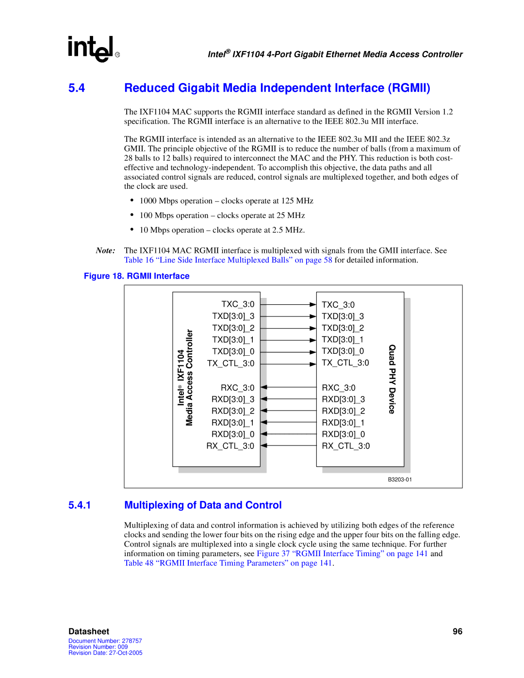 Intel IXF1104 manual Reduced Gigabit Media Independent Interface Rgmii, Multiplexing of Data and Control 