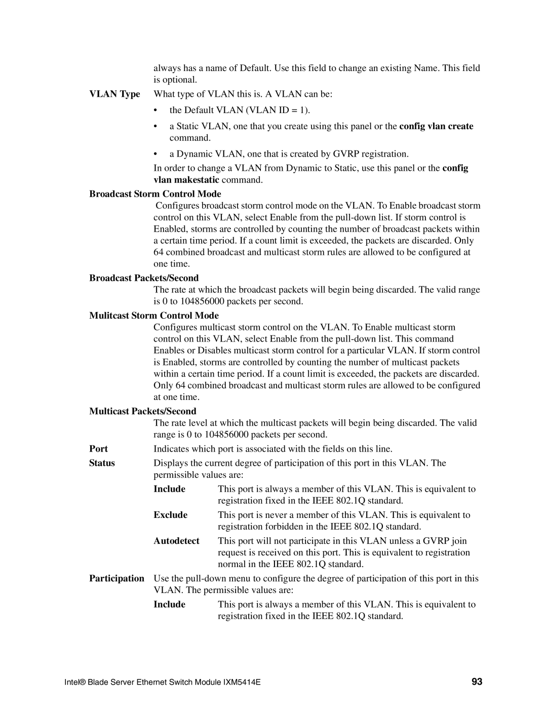 Intel IXM5414E Broadcast Storm Control Mode, Broadcast Packets/Second, Mulitcast Storm Control Mode, Include, Exclude 