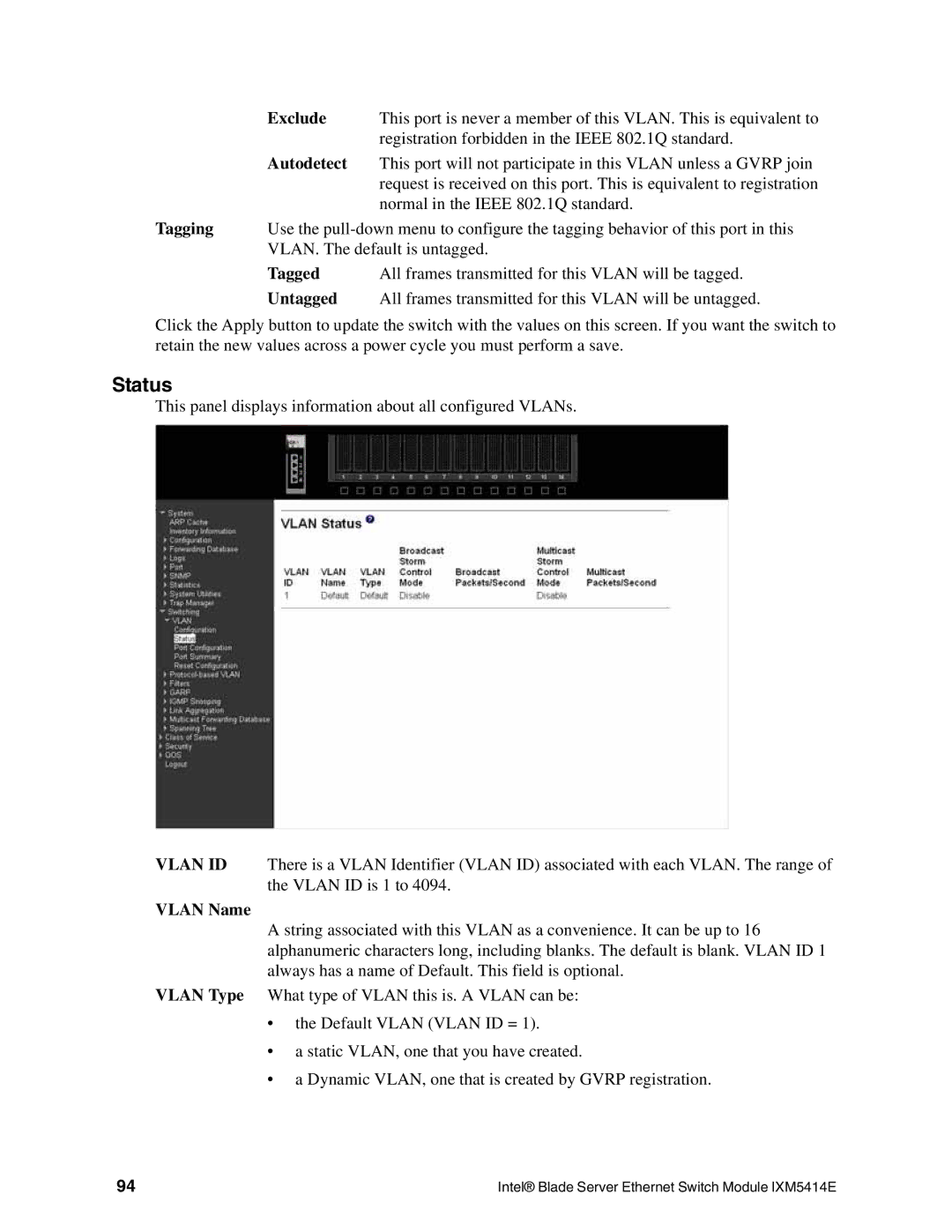 Intel IXM5414E manual Status, Tagged All frames transmitted for this Vlan will be tagged 