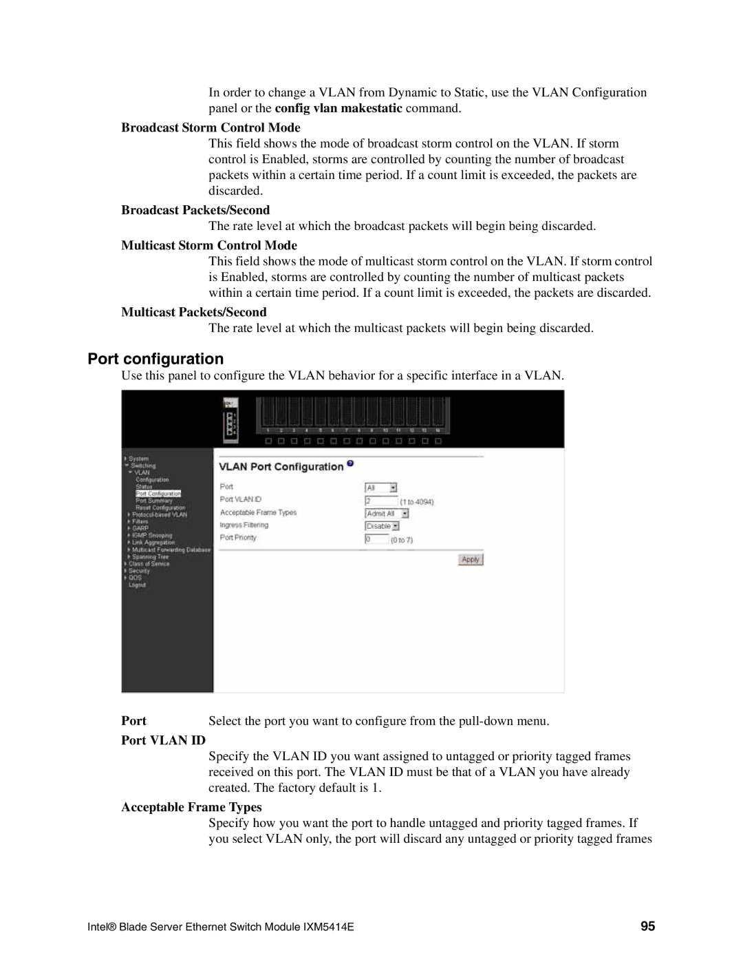 Intel IXM5414E manual Port configuration, Multicast Storm Control Mode, Port Vlan ID, Acceptable Frame Types 