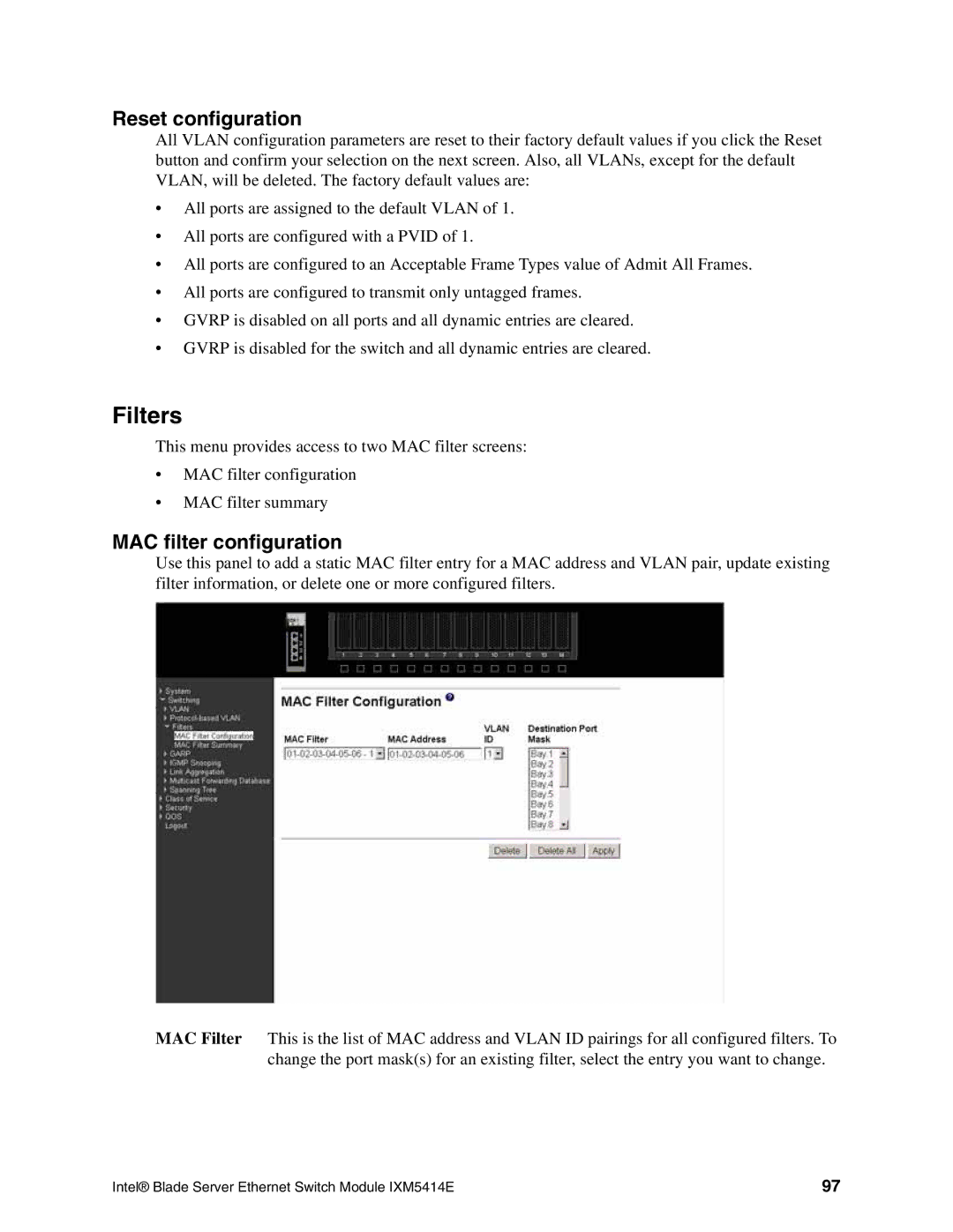 Intel IXM5414E manual Filters, Reset configuration, MAC filter configuration 