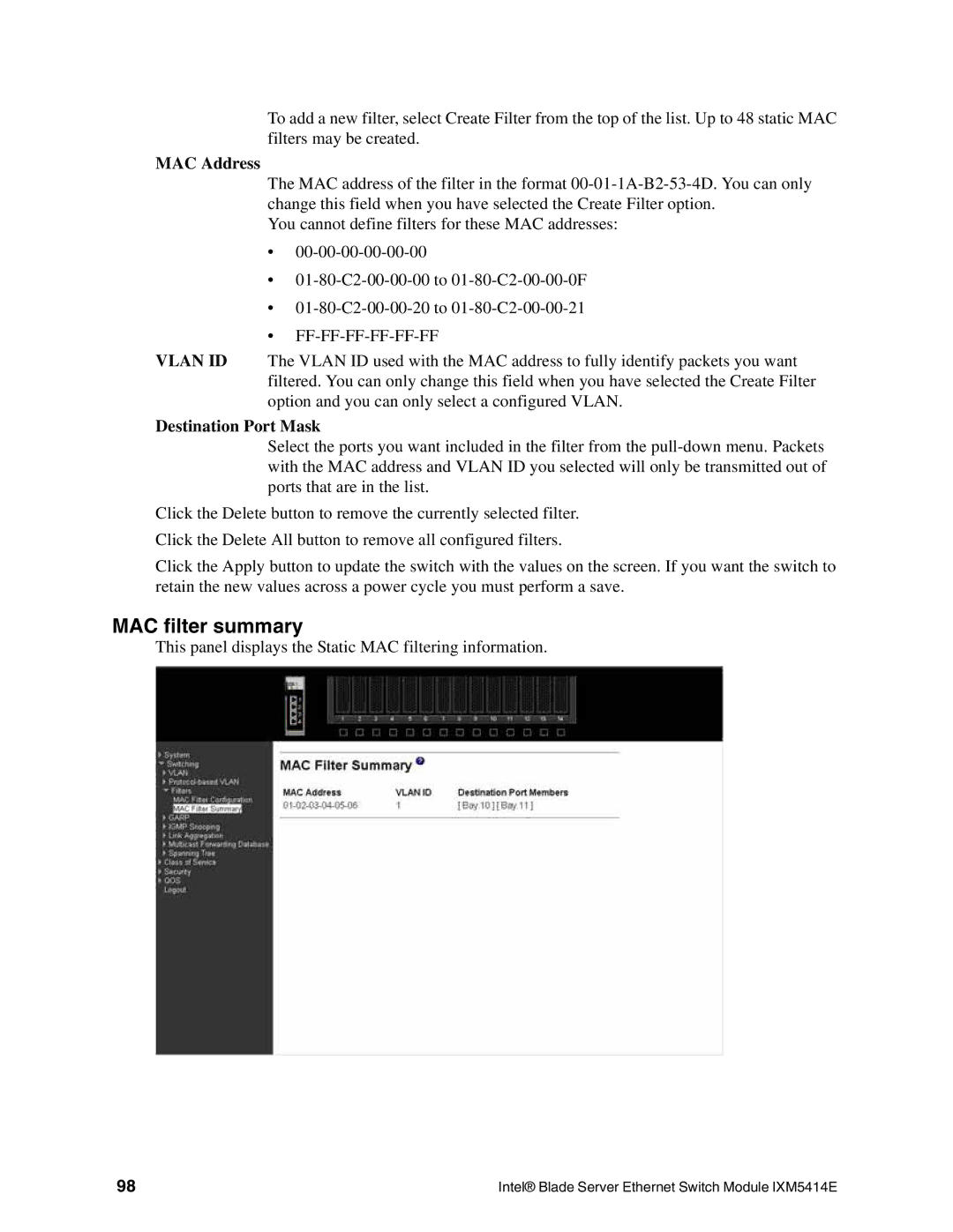 Intel IXM5414E manual MAC filter summary, Destination Port Mask 