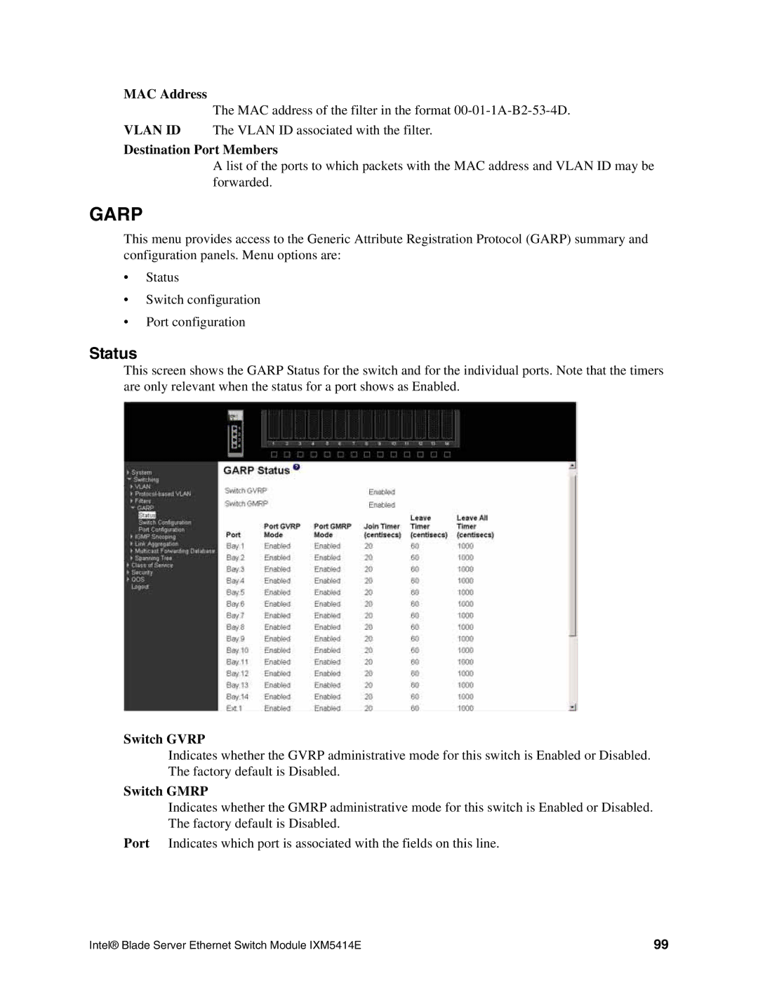 Intel IXM5414E manual Destination Port Members, Switch Gvrp, Switch Gmrp 