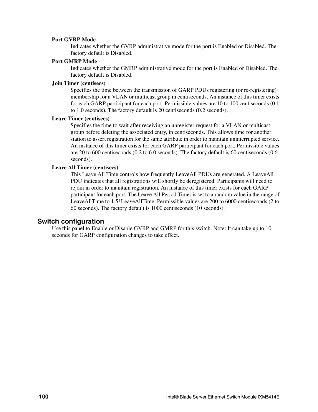 Intel IXM5414E manual Switch configuration, 100 