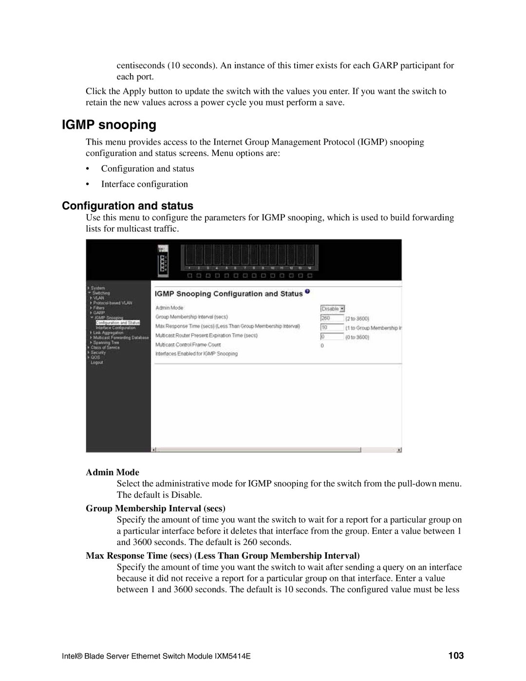 Intel IXM5414E manual Igmp snooping, Configuration and status, Group Membership Interval secs, 103 