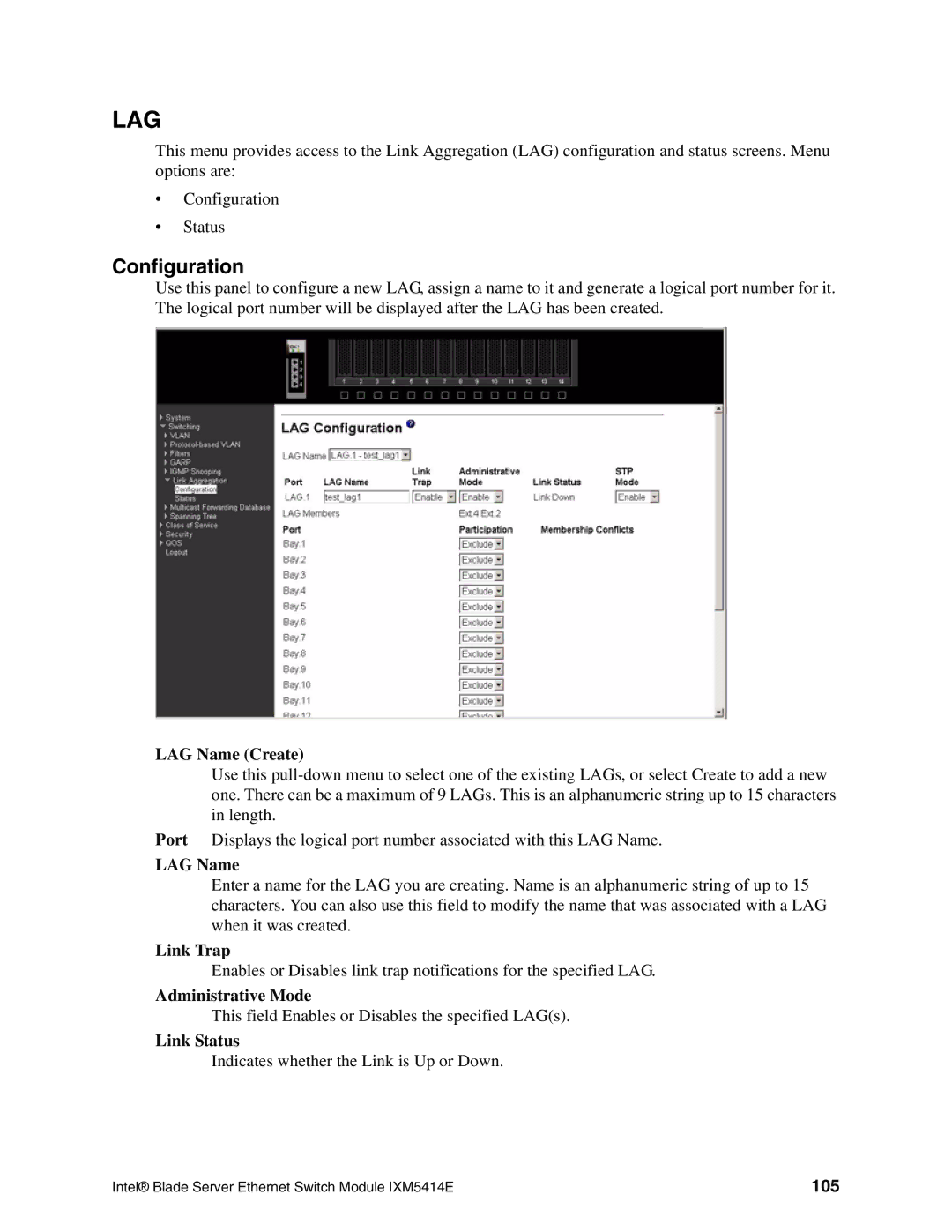 Intel IXM5414E manual LAG Name Create, Administrative Mode, 105 