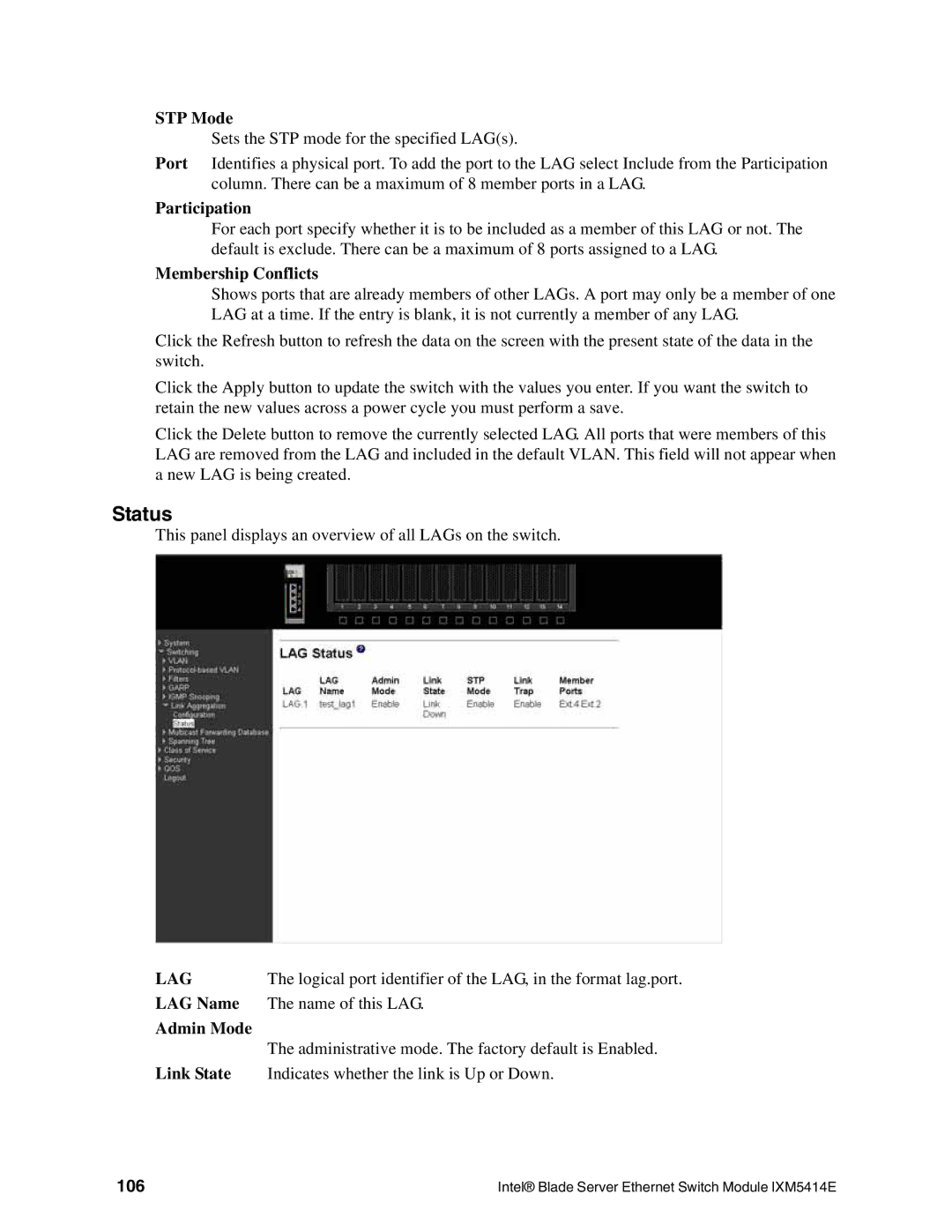 Intel IXM5414E manual Membership Conflicts, Logical port identifier of the LAG, in the format lag.port, 106 