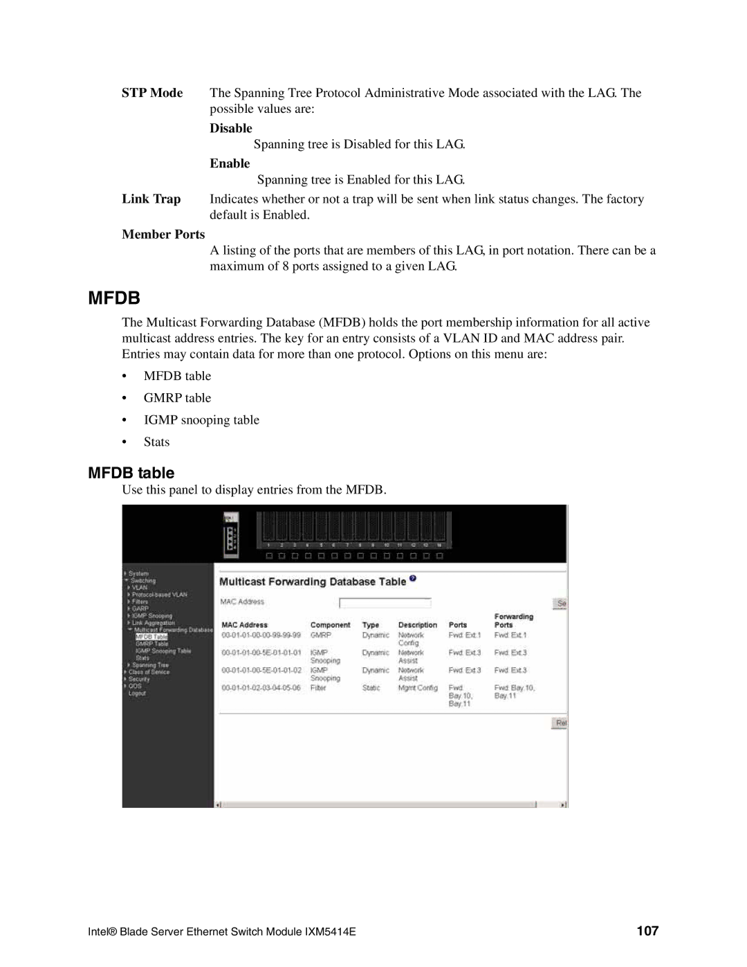 Intel IXM5414E manual Mfdb table, Member Ports, 107 