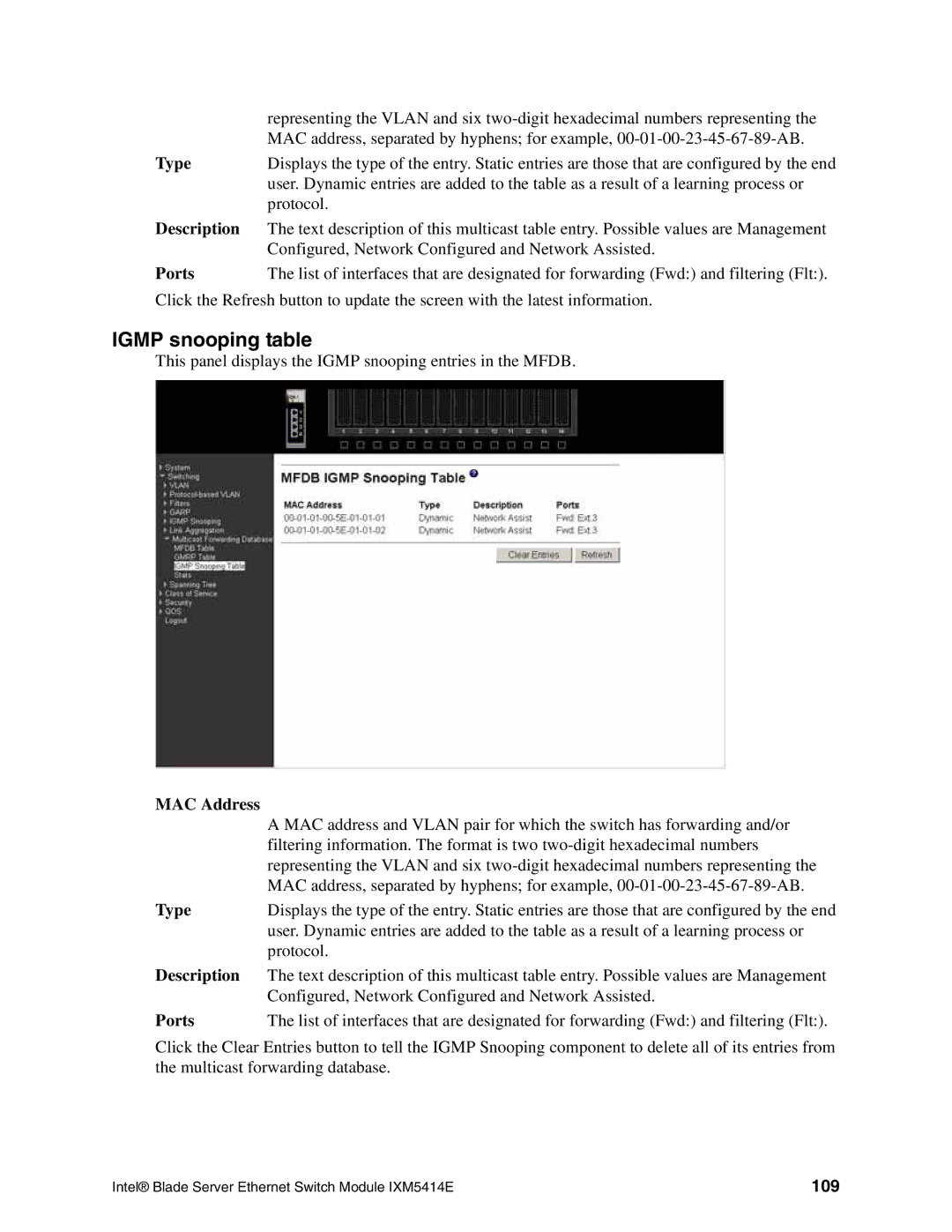 Intel IXM5414E manual Igmp snooping table, 109 