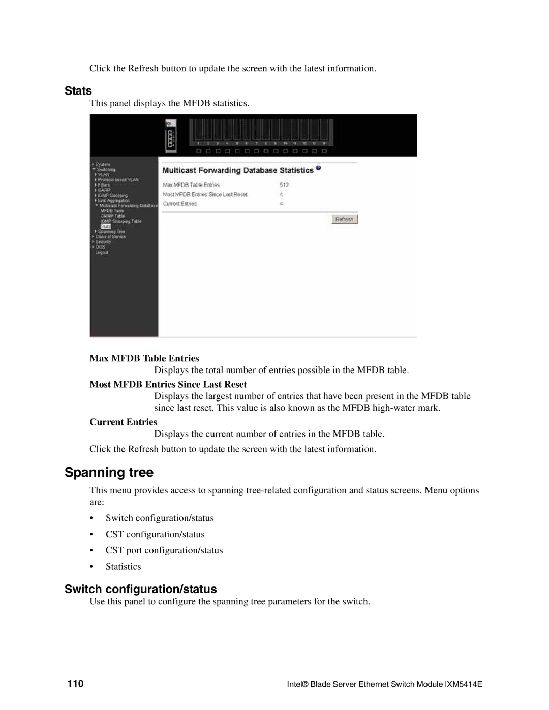 Intel IXM5414E manual Spanning tree, Stats, Switch configuration/status, 110 