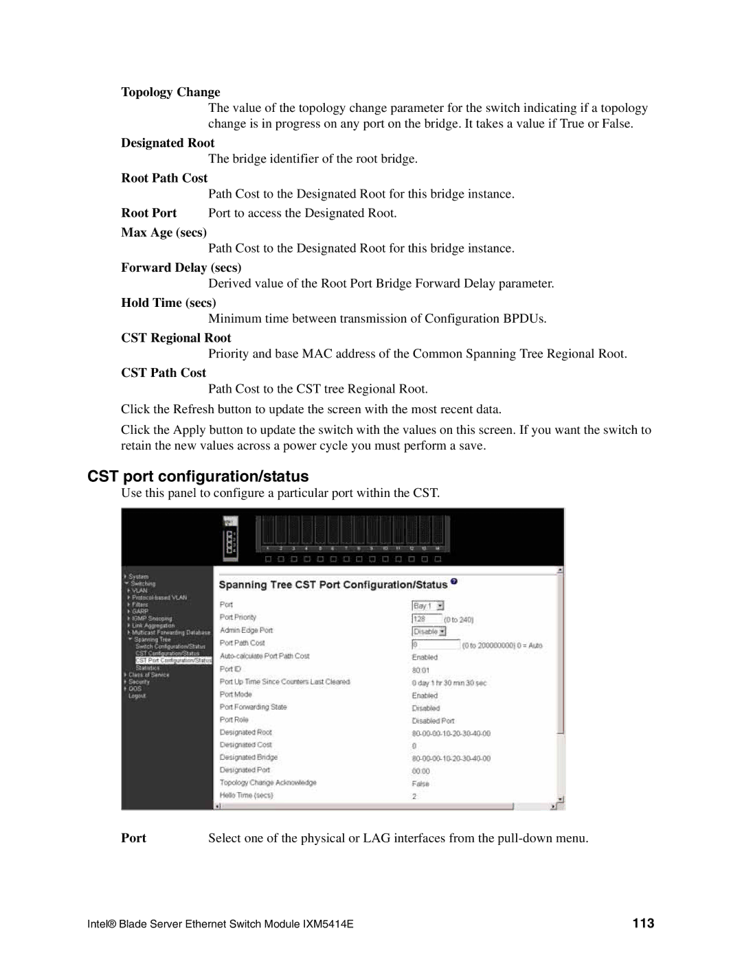 Intel IXM5414E manual CST port configuration/status, 113 